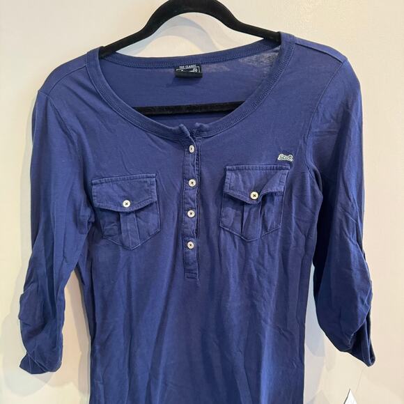 The Classic La Tigre Mini Dress Blue Button Flap Pockets Roll Tab Sleeve Sz M - Picture 2 of 5